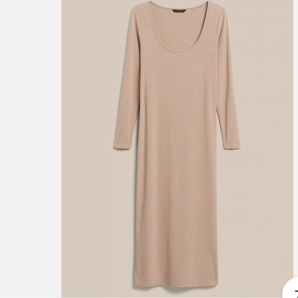 Banana Republic Womens Ribbed Scoop Neck Long Sleeve Midi Dress Tan Large L - Picture 2 of 9